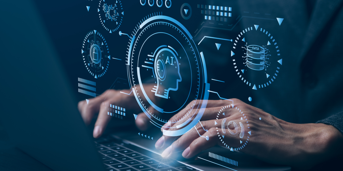 AI icons with human hand on laptop keypad