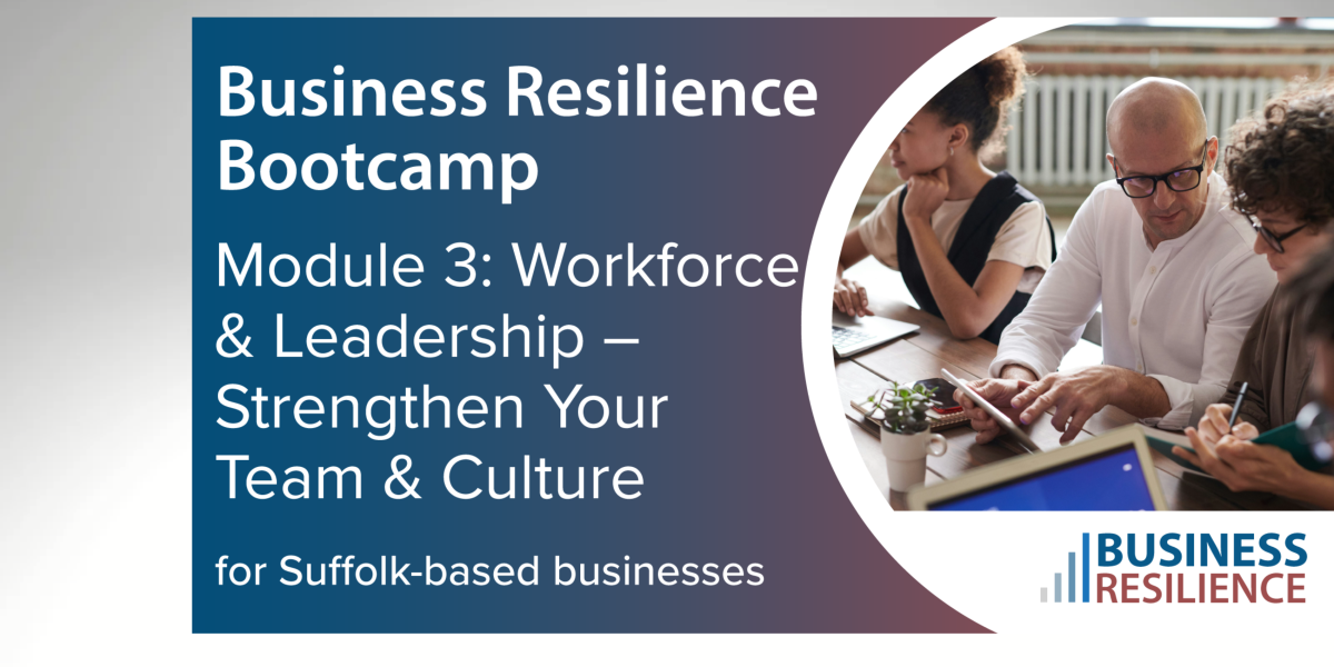 Text about business resilience shown with people sat around laptop