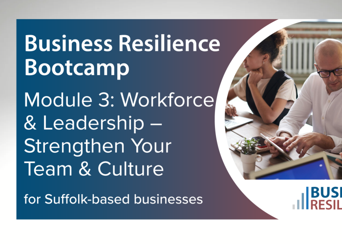 Text about business resilience shown with people sat around laptop