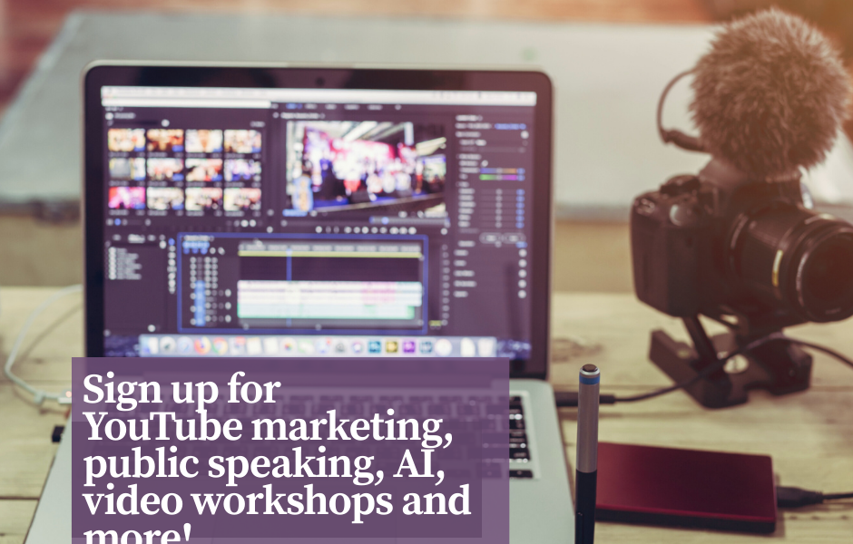 Laptop and camera with text saying 'fully funded workshops in Norfolk and other text saying Sign up for YouTube marketing, public speaking, AI, video workshops and more!