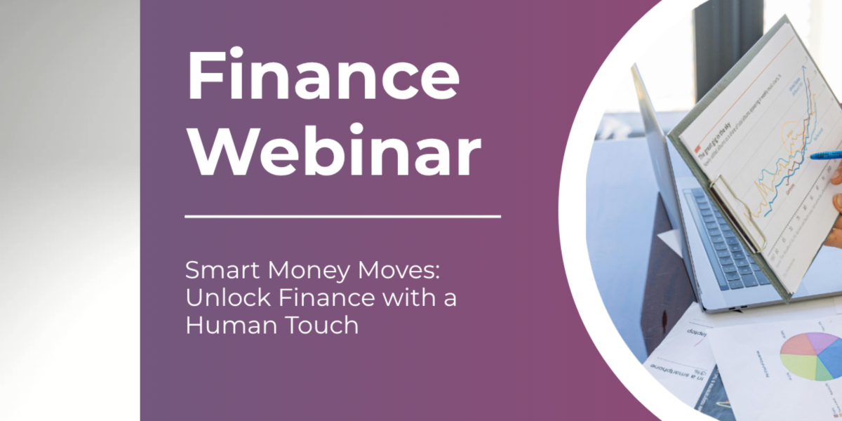Finance webinar logo with a screen showing a graph and a pen pointing at the graph on the screen.