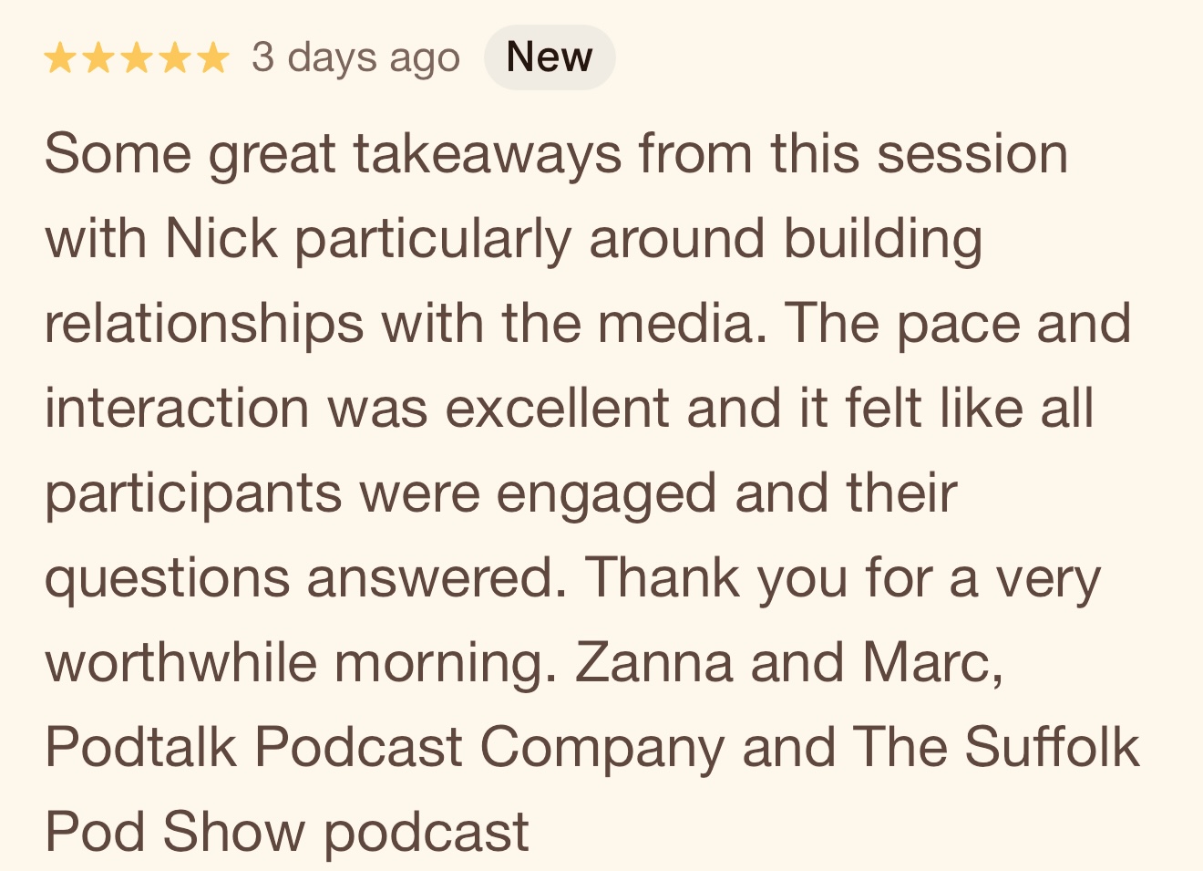 5 star review for media training support at Suffolk Growth HUb