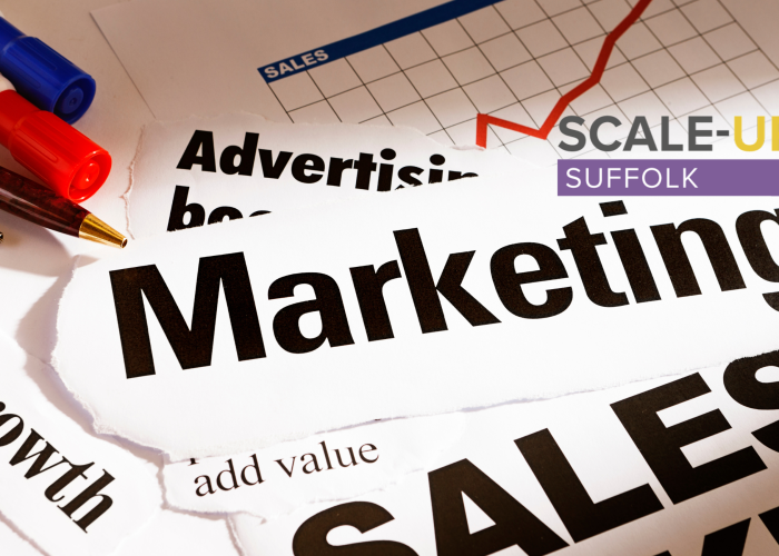 Marketing and saled text on table top with pens showing with paper cut out.