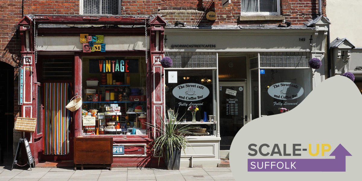 Two shops shown on traditional high street.