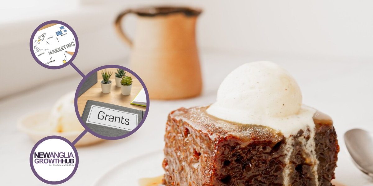 Pudding and ice cream shown on plate with growth hub logo