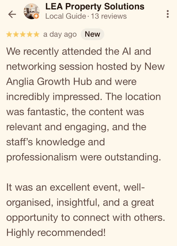 Google review for the September 2025 event in AI and Google SEO held by the Suffolk team