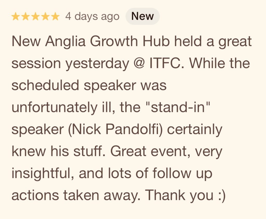 Google review for the Suffolk event at Ipswich Town FC