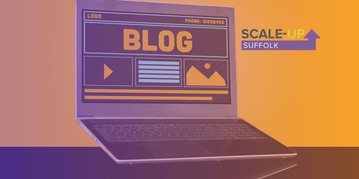 Suffolk Scale UP logo shown next to a laptop screen which says blog